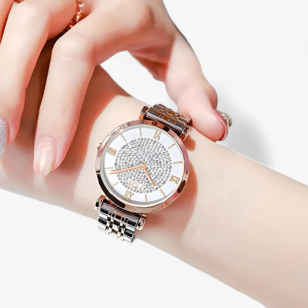 Luxus-Damenarmbanduhr, silber-roségold, Strass, römische Ziffern, elegantes Design.