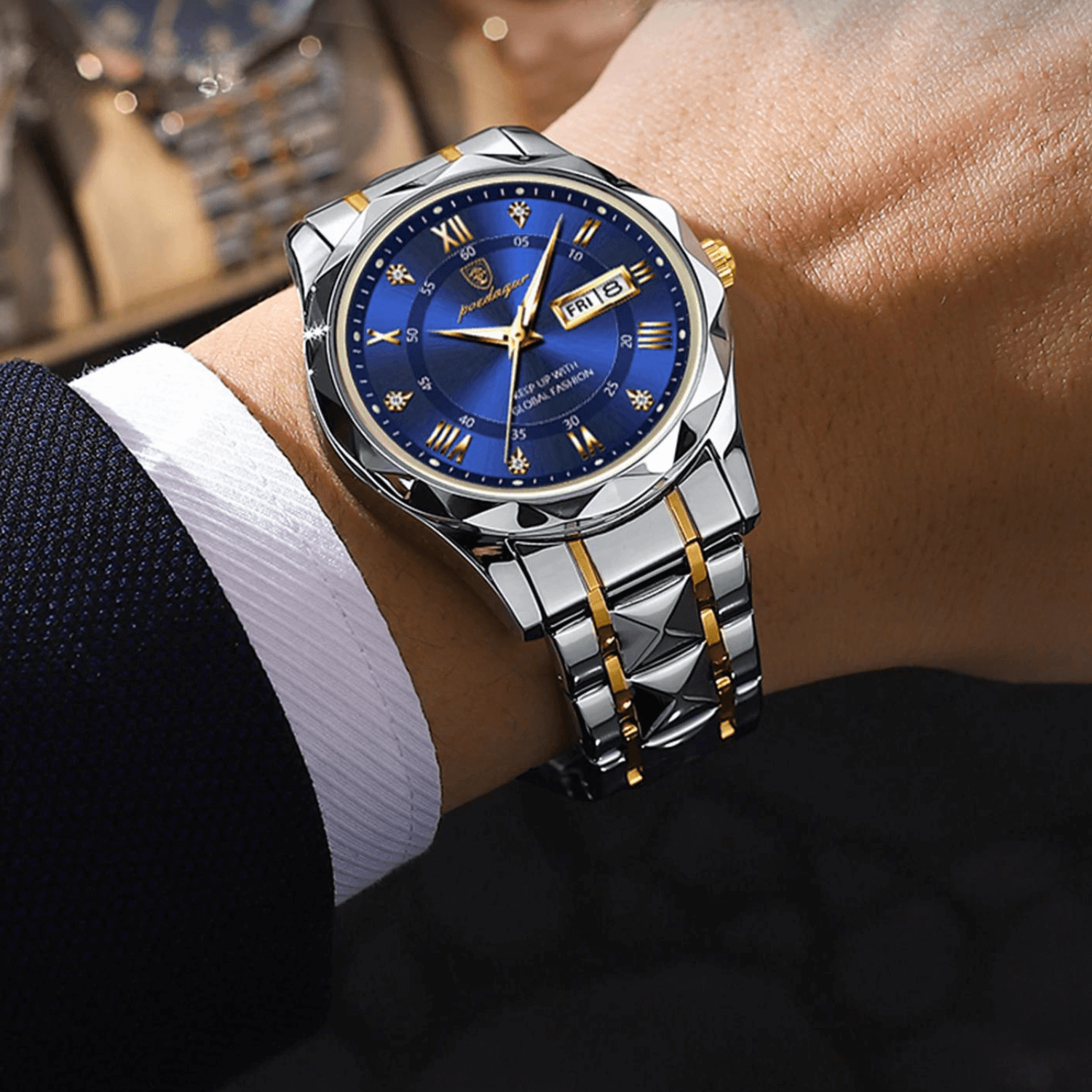 Luxus-Herrenuhr, Edelstahl, blaues Zifferblatt, goldene Akzente, römische Ziffern, elegant