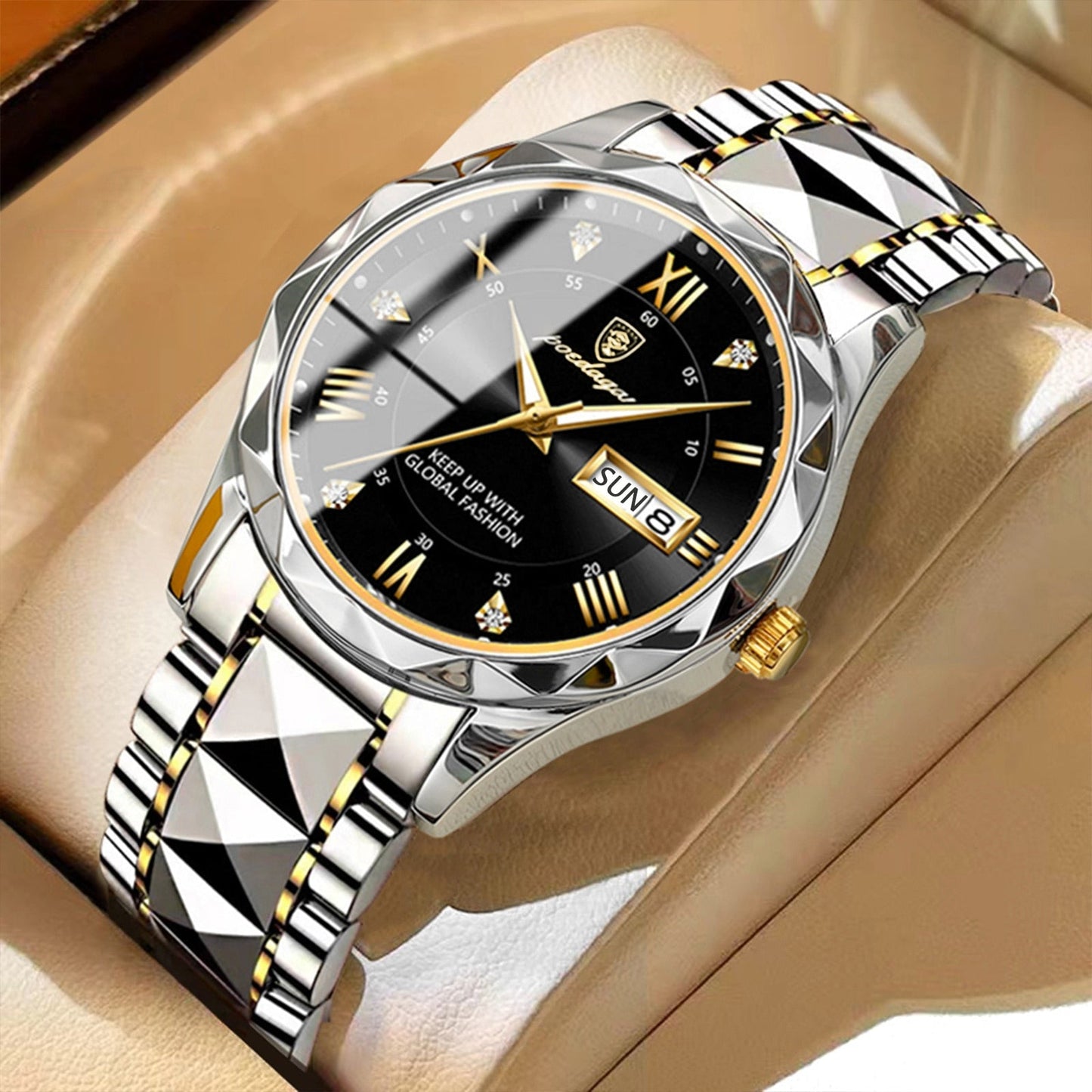 Luxus Herrenarmbanduhr, silber-gold, schwarzes Zifferblatt, römische Ziffern, Edelstahlarmband.