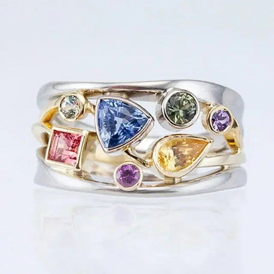 Silberner Vintage-Ring mit bunten Edelsteinen, Mondstein, Damen-Schmuck, luxuriöses Design.