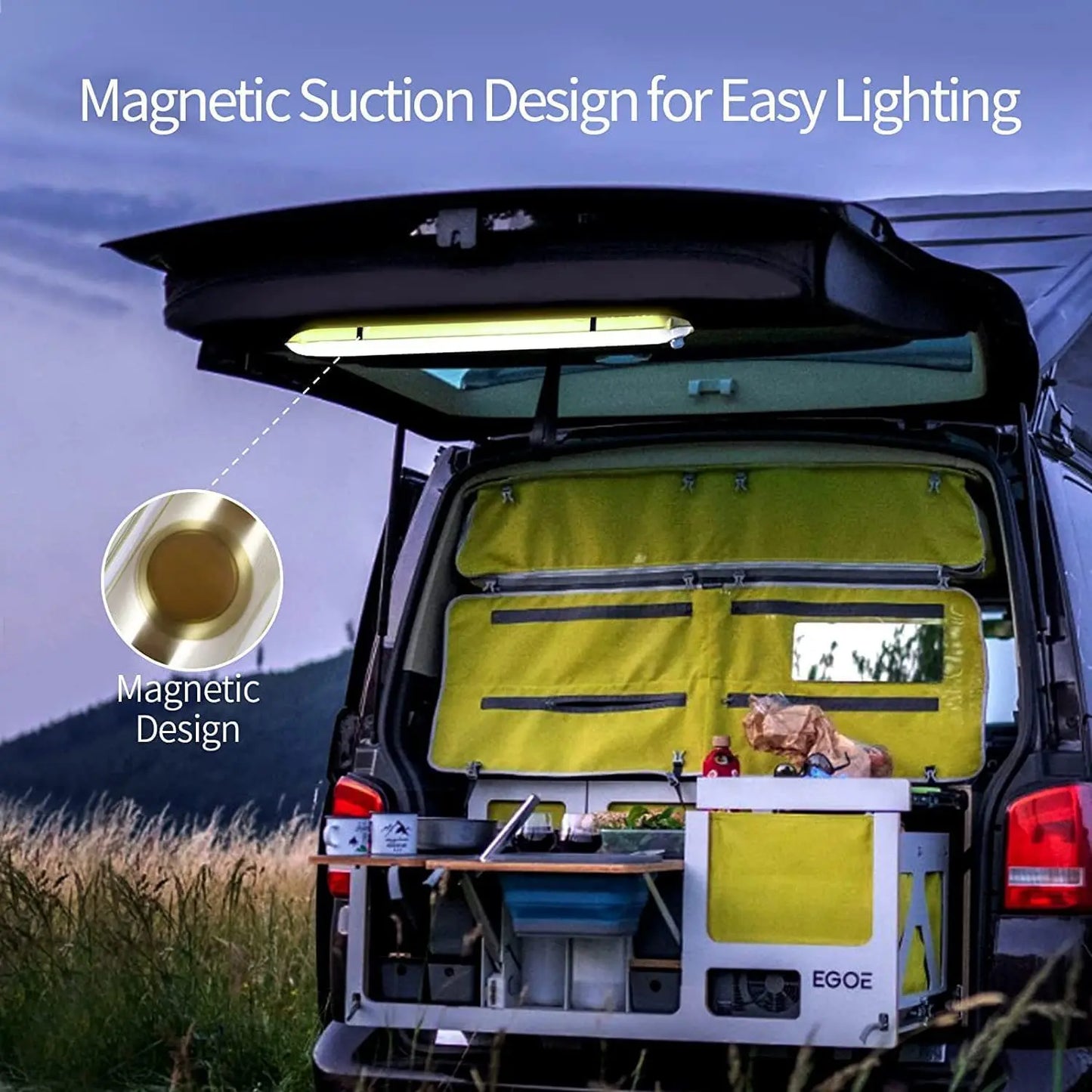 LED-Lampe mit Magnetbefestigung im Campingbus, einfache Beleuchtung, Outdoor, Nacht, praktisch.