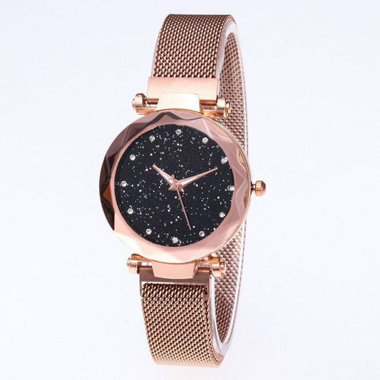 Luxus Damenarmbanduhr, roségold, mit Sternenhimmel-Zifferblatt, Quarz, Geschenkidee.