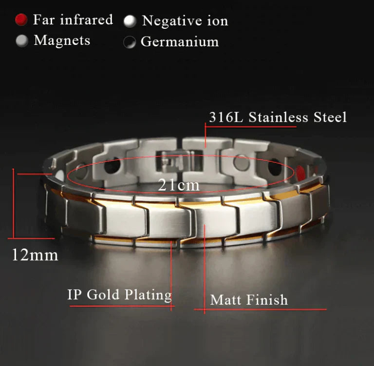 Magnetarmband aus 316L Edelstahl, 21cm, IP-Goldbeschichtung, matt, mit Germanium und Ionen.