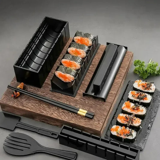 Sushi-Maker-Set aus Kunststoff, schwarz, mit Holzbrett, ideal für Sushi-Zubereitung zu Hause.