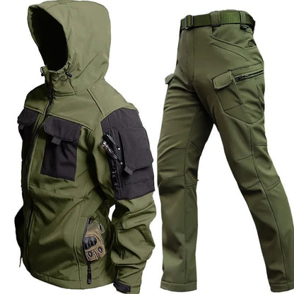 Grüne taktische Outdoor-Jacke und Hose, wasserdicht, mit Taschen, für Herren.