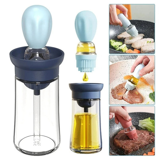 Ölspender mit Silikonpinsel, blau, Glasbehälter, ideal zum Kochen und Grillen.