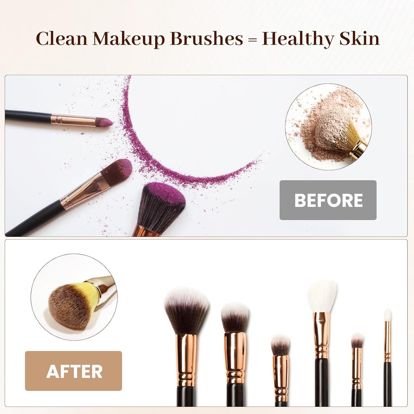 Makeup-Pinsel Set, schwarz mit roségoldenen Griffen, vor und nach der Reinigung, Kosmetikzubehör.