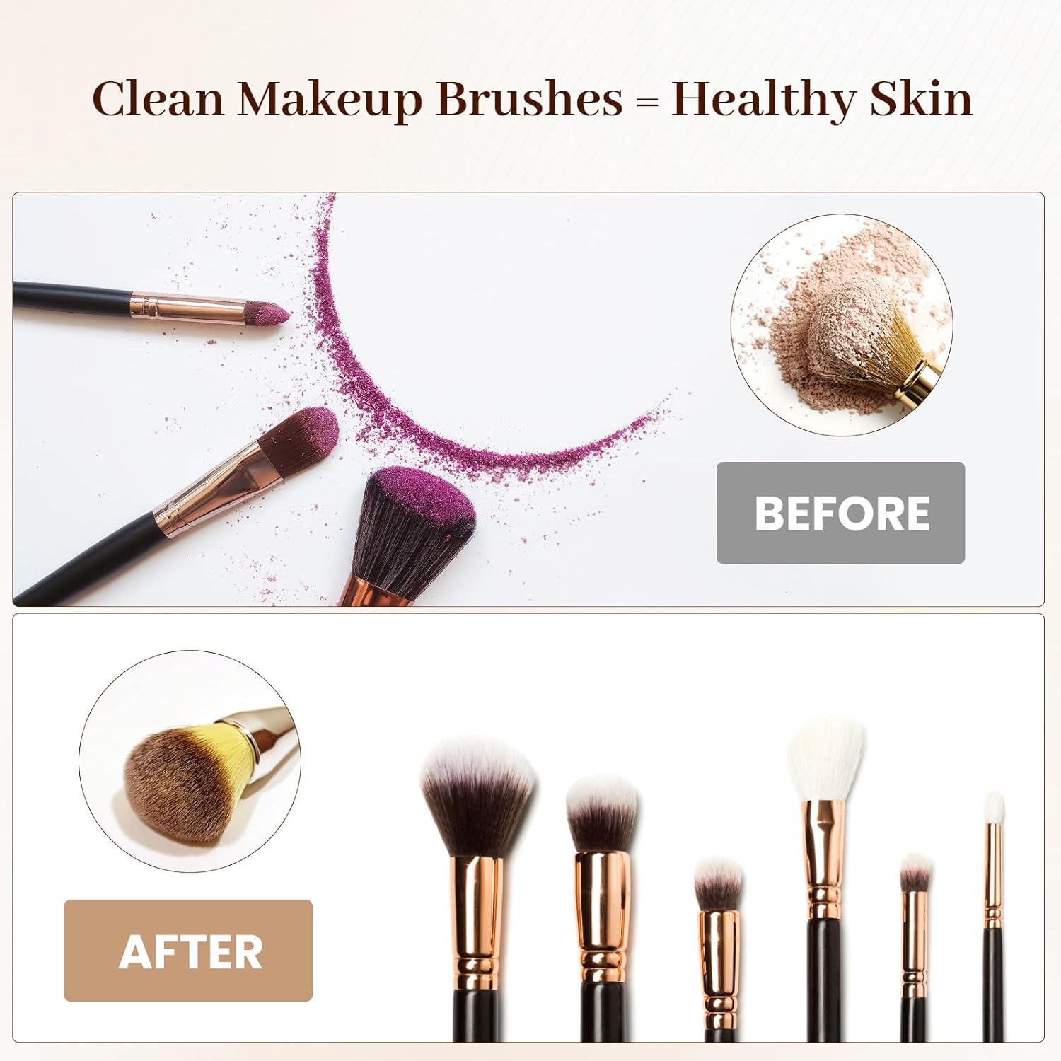 Makeup-Pinsel Set, schwarz mit roségoldenen Griffen, vor und nach der Reinigung, Kosmetikzubehör.
