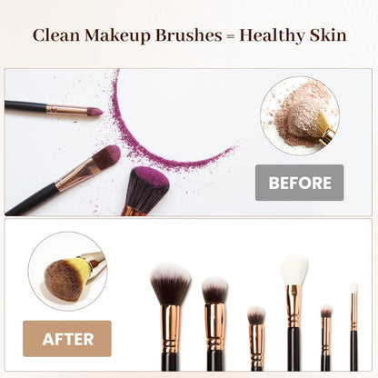 Makeup-Pinsel Set, schwarz mit roségoldenen Griffen, vor und nach der Reinigung, Kosmetikzubehör.