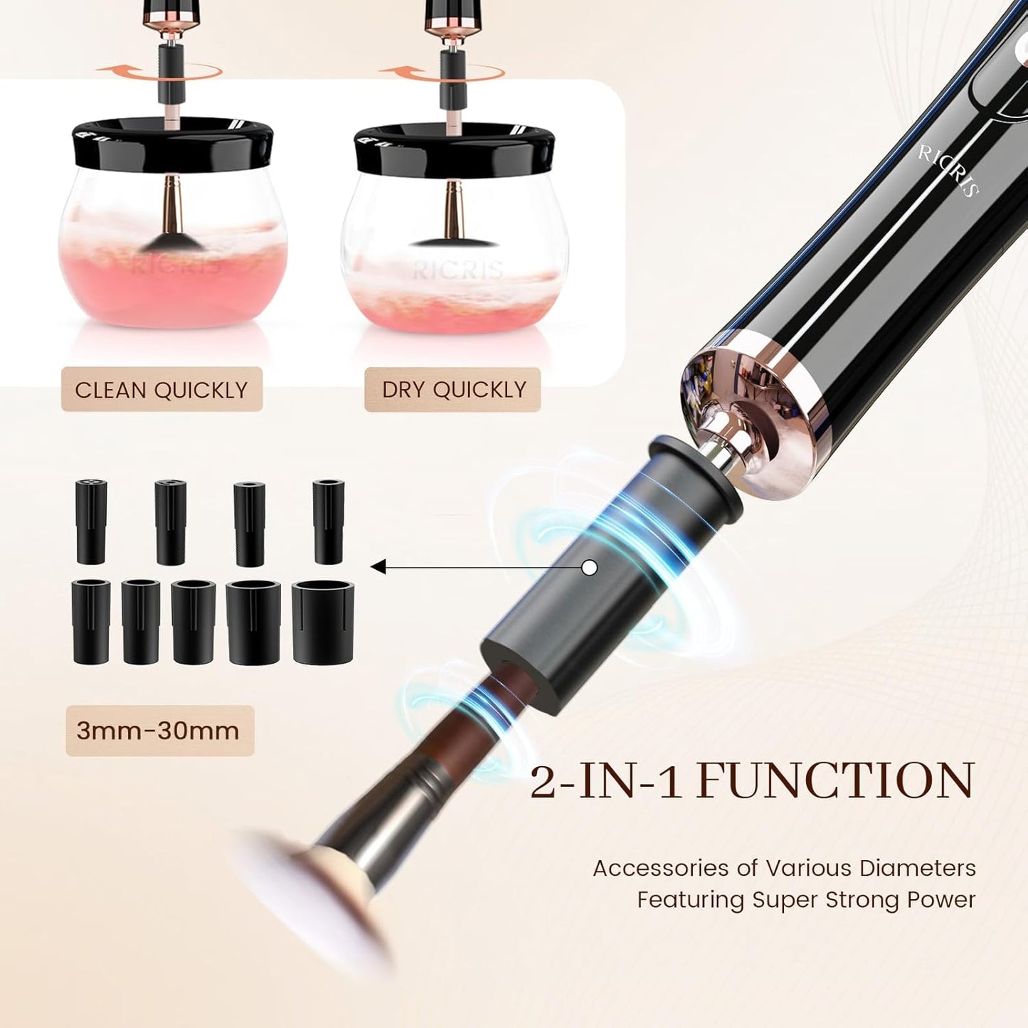 Elektrischer Make-up-Pinselreiniger, schwarz, 2-in-1 Funktion, verschiedene Durchmesser.