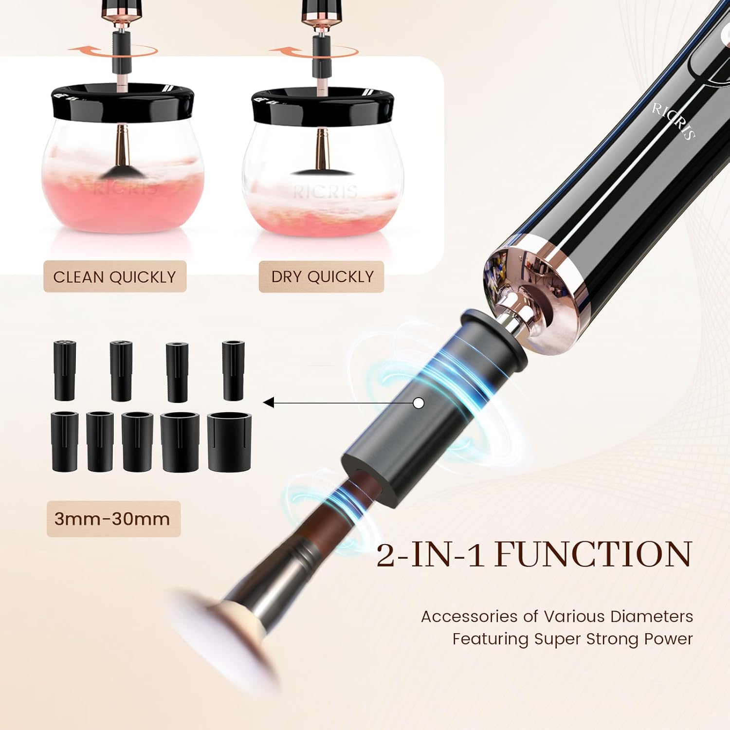 Elektrischer Make-up-Pinselreiniger, schwarz, 2-in-1 Funktion, verschiedene Durchmesser.