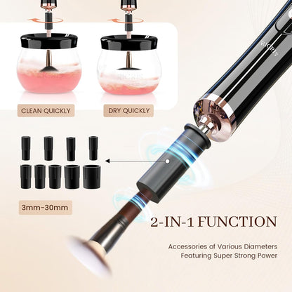 Elektrischer Make-up-Pinselreiniger, schwarz, 2-in-1 Funktion, verschiedene Durchmesser.