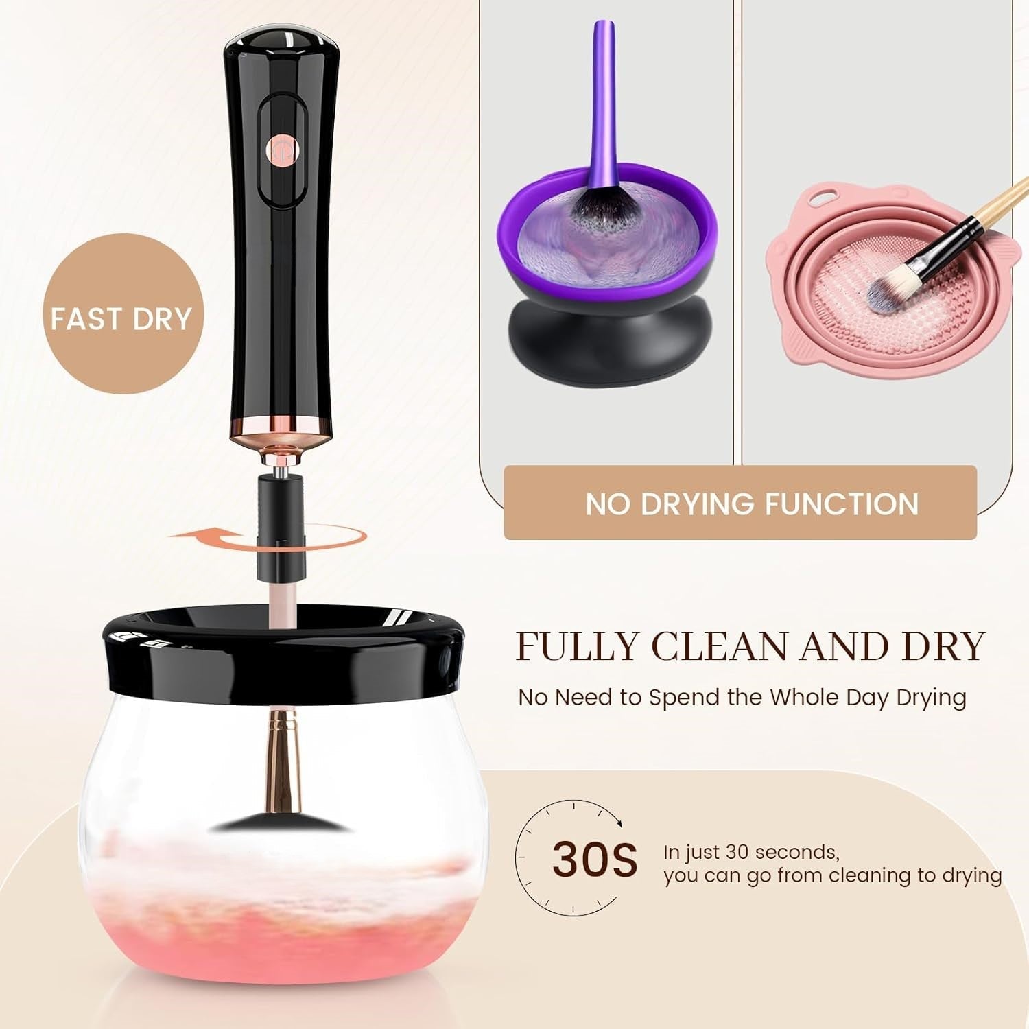 Elektrischer Make-up-Pinselreiniger, schwarz, schnelles Trocknen, Glasbehälter, 30 Sekunden.