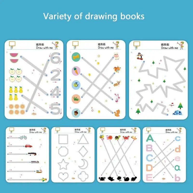 Verschiedene Malbücher für Kinder, Lernspielzeug, Formen und Buchstaben, bunt, pädagogisch.