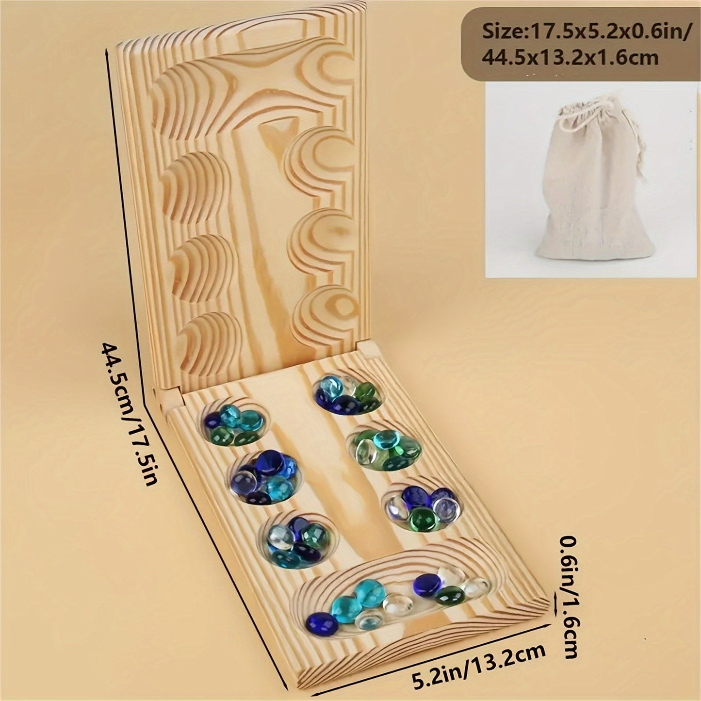 Holz-Mancala-Spiel mit bunten Glasmurmeln, faltbar, inkl. Stoffbeutel, 44,5x13,2x1,6cm