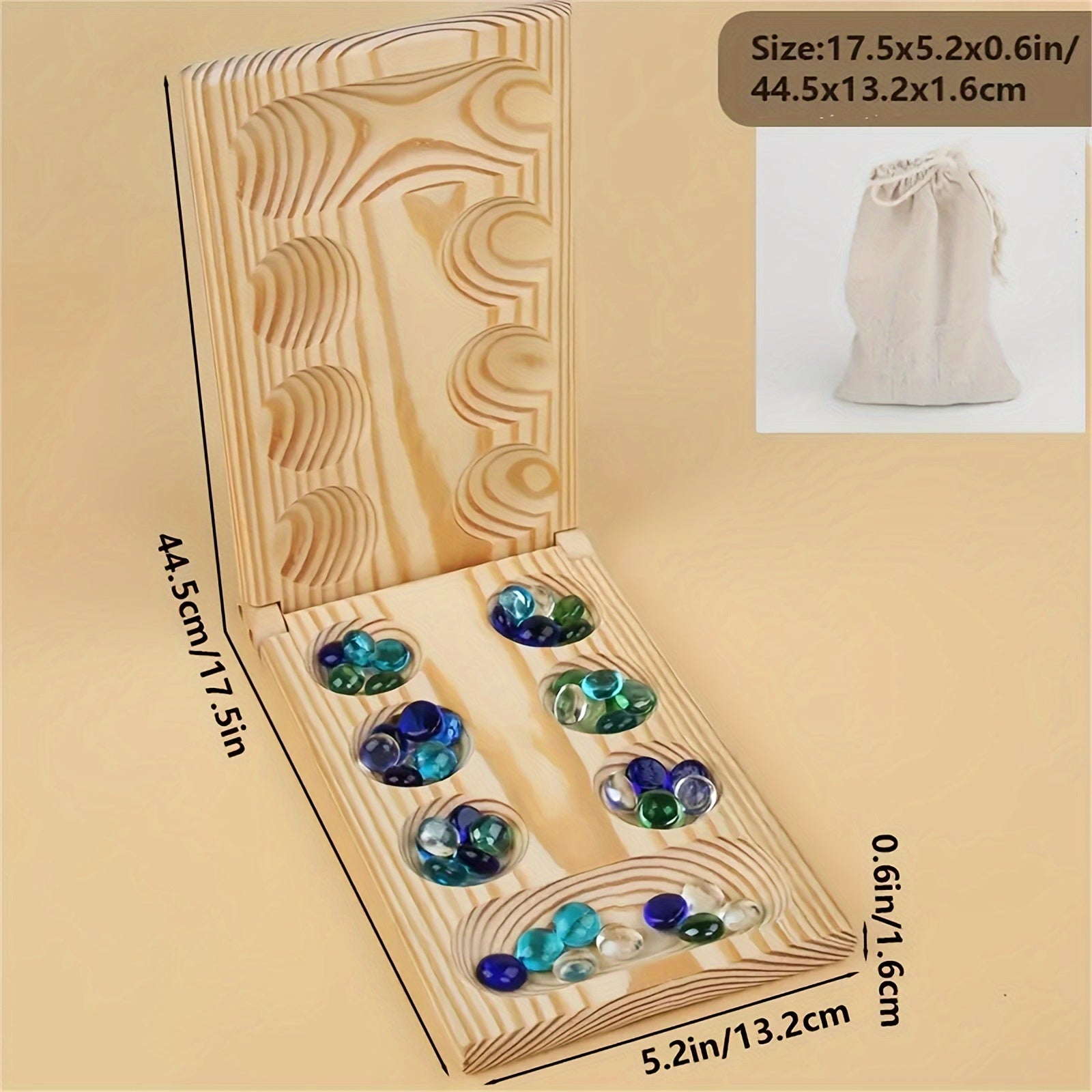 Holz-Mancala-Spiel mit bunten Glasmurmeln, faltbar, inkl. Stoffbeutel, 44,5x13,2x1,6cm