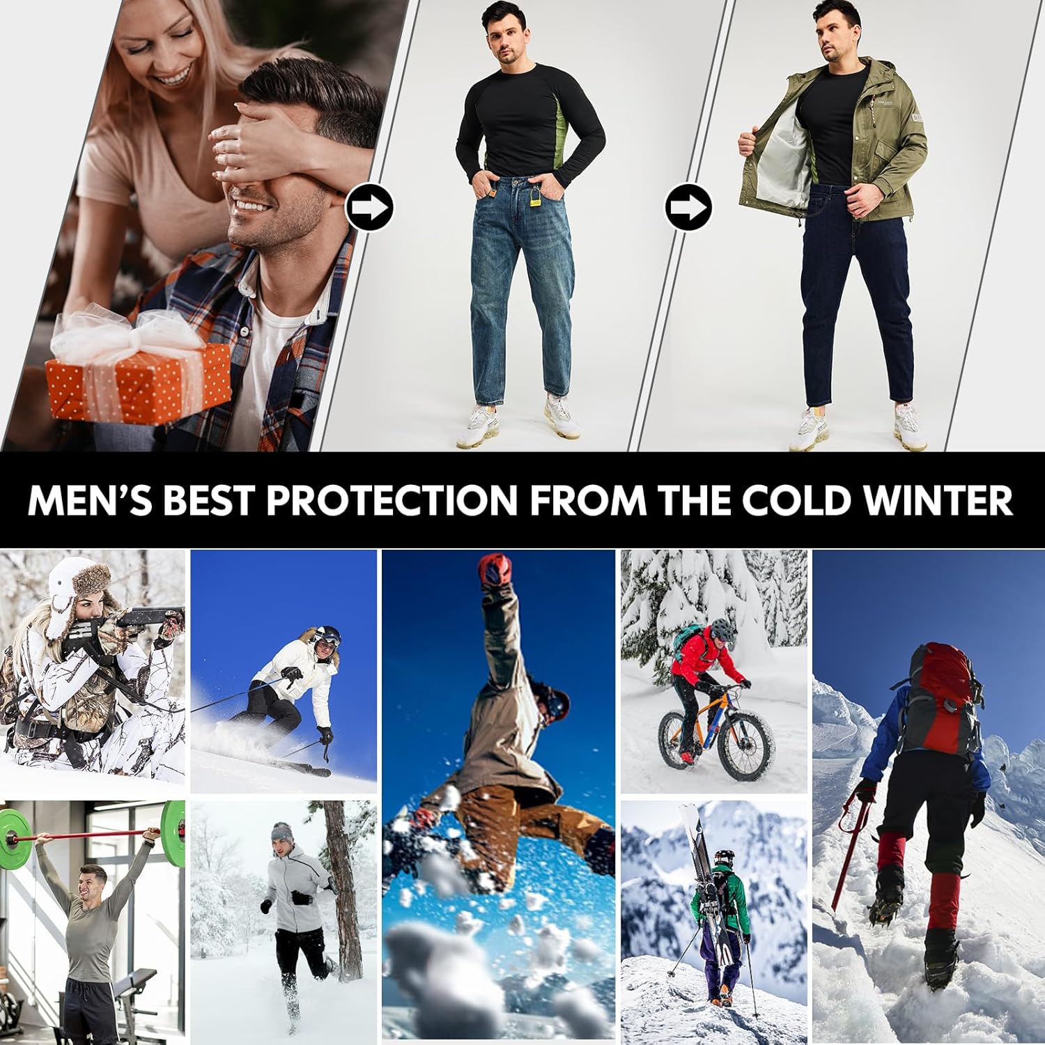 Männer Thermounterwäsche Set, schwarz, ideal für Outdoor-Aktivitäten im Winter, warm und bequem.