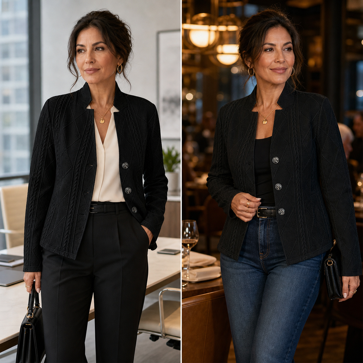 Zweigeteiltes Bild: schwarzer Blazer im Büro mit Stoffhose und Bluse, daneben abends im Restaurant mit Jeans und schwarzem Top. 16