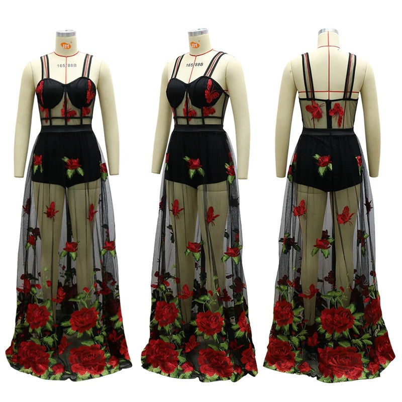 Maxikleid | Blumenstickerei | Spaghettiträgern | Empire Taille-Luzern Mode