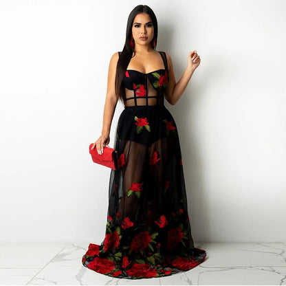 Maxikleid | Blumenstickerei | Spaghettiträgern | Empire Taille-S-Luzern Mode