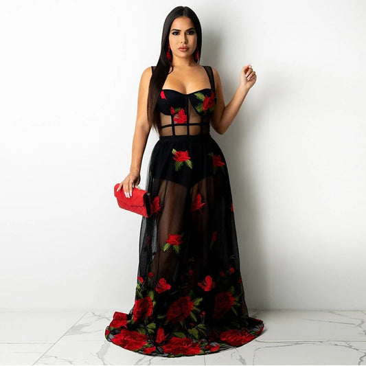 Maxikleid | Blumenstickerei | Spaghettiträgern | Empire Taille-S-Luzern Mode