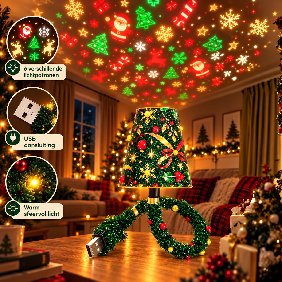 Die leuchtende Lampe steht auf einem Holztisch im Wohnzimmer und wirft Weihnachtsmotive an die Decke, mit Detailausschnitten zu Lichtmustern, USB-Stecker und wa 2