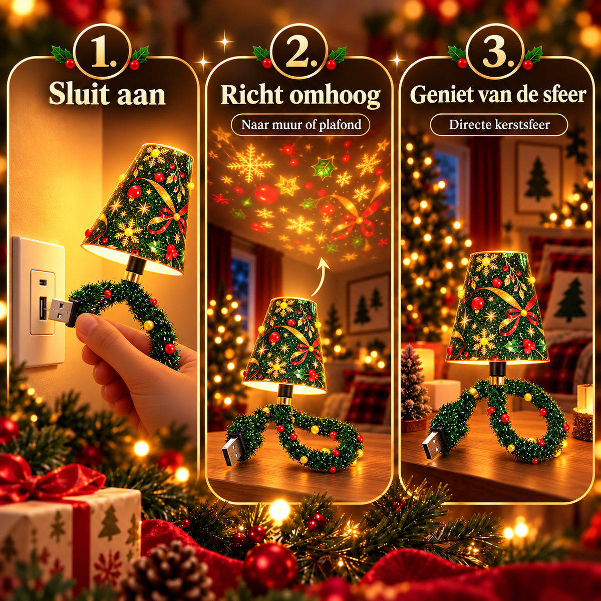 Dreiteilige Anleitung: Stecker in die Steckdose stecken, die Lampe nach oben zu Wand oder Decke ausrichten und die weihnachtliche Stimmung genießen. 3