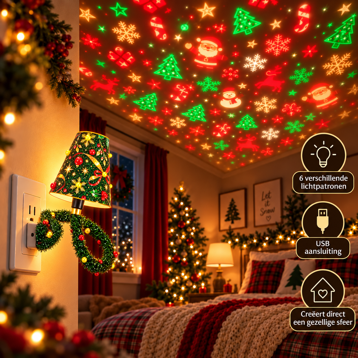 Die in der Wandsteckdose steckende Lampe im Schlafzimmer projiziert viele rote, grüne und goldene Weihnachtsmotive an die Zimmerdecke. 6