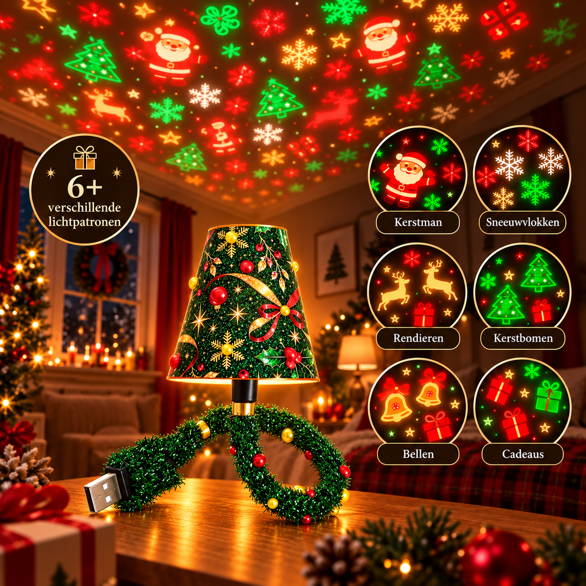 Die Lampe auf dem Tisch projiziert bunte Motive an die Decke, sechs Kreise zeigen die Muster Weihnachtsmann, Schneeflocken, Rentiere, Tannenbäume, Glocken und G 4