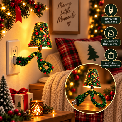 Die Lampe steckt direkt in einer Wandsteckdose neben Weihnachtsdeko, Kissen und Decke, kleiner Ausschnitt zeigt sie frei auf dem Tisch liegend. 5