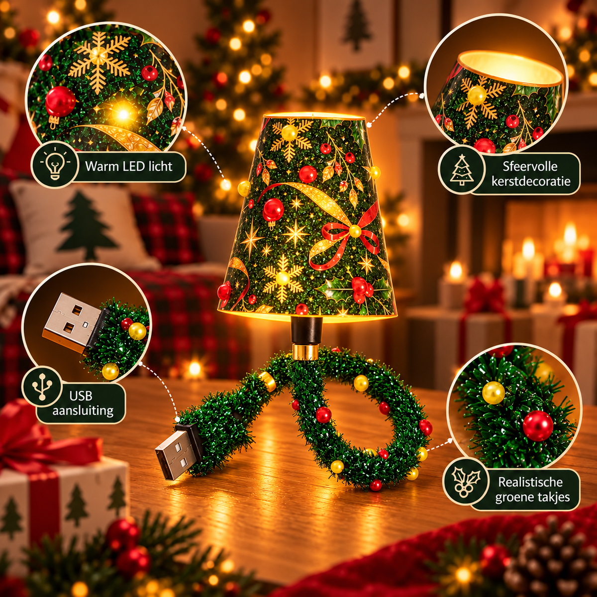 Nahaufnahmen der Lampe: warmes LED-Licht, Innenseite des Schirms, USB-Stecker und das grüne Lametta-Kabel mit roten und goldenen Perlen. 7
