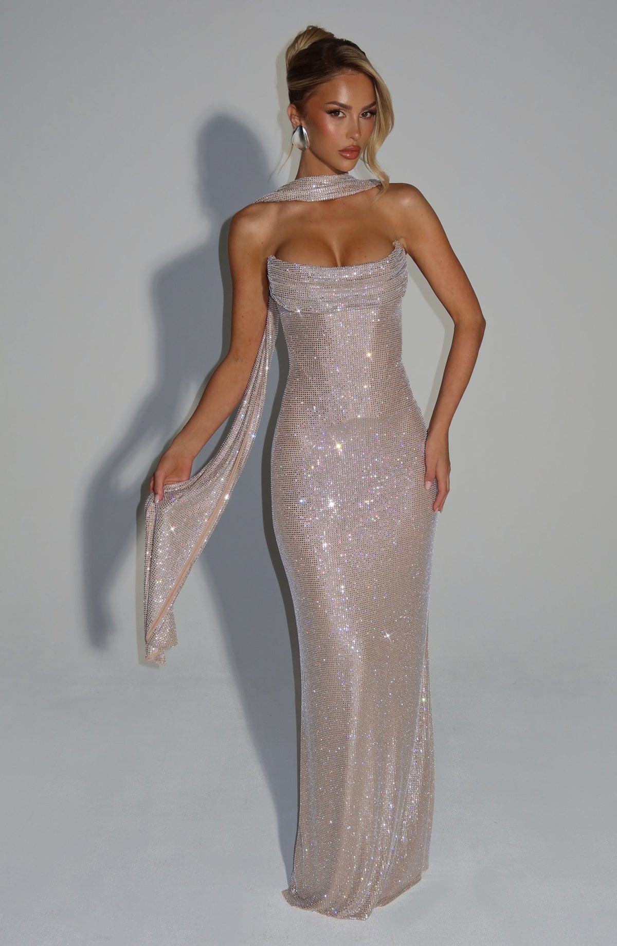 Helles Strass-Maxikleid mit einem zusätzlichen, über die Schulter drapierten Schal aus demselben Netzstoff, frontal getragen. 17