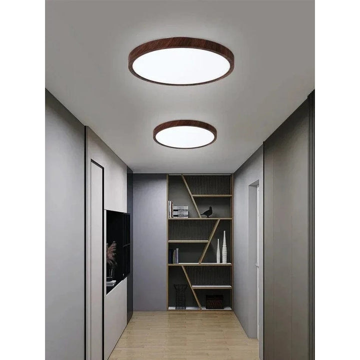 Flur mit grauen Wänden und Regal, an der Decke zwei runde Leuchten mit dunklem Holzrand in unterschiedlicher Größe. 6