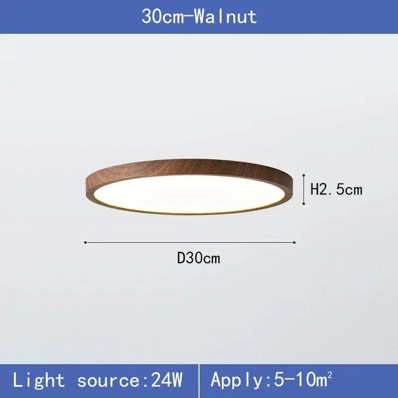Maßgrafik der Leuchte in Nussbaum-Optik mit 30 cm Durchmesser und 2,5 cm Höhe, Leistungs- und Raumgrößenangabe darunter. 7
