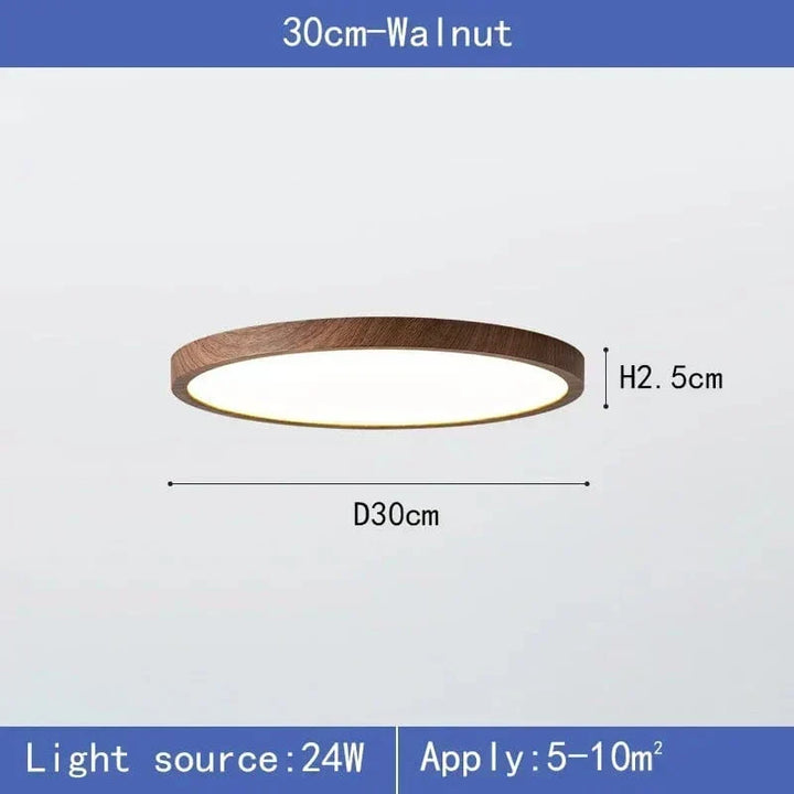 Maßgrafik der Leuchte in Nussbaum-Optik mit 30 cm Durchmesser und 2,5 cm Höhe, Leistungs- und Raumgrößenangabe darunter. 7