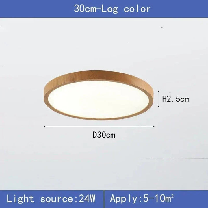 Maßgrafik der Leuchte in heller Holzoptik mit 30 cm Durchmesser und 2,5 cm Höhe, Leistungs- und Raumgrößenangabe darunter. 9