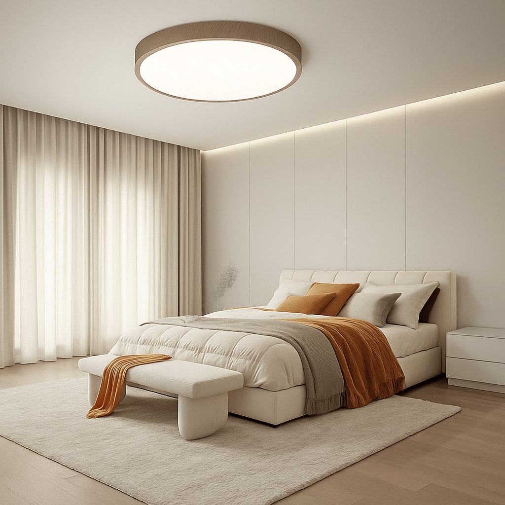 Eingeschaltete Deckenleuchte mit gedecktem Holzrand über einem Bett mit cremefarbener Bettwäsche, Sitzbank und orangefarbener Decke im Schlafzimmer. 12