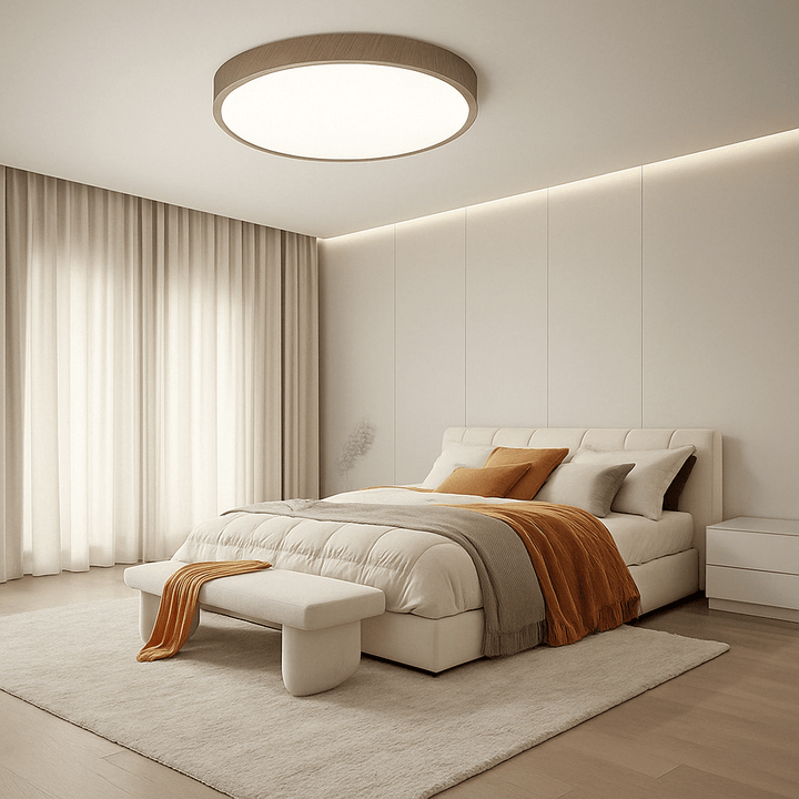 Eingeschaltete Deckenleuchte mit gedecktem Holzrand über einem Bett mit cremefarbener Bettwäsche, Sitzbank und orangefarbener Decke im Schlafzimmer. 12