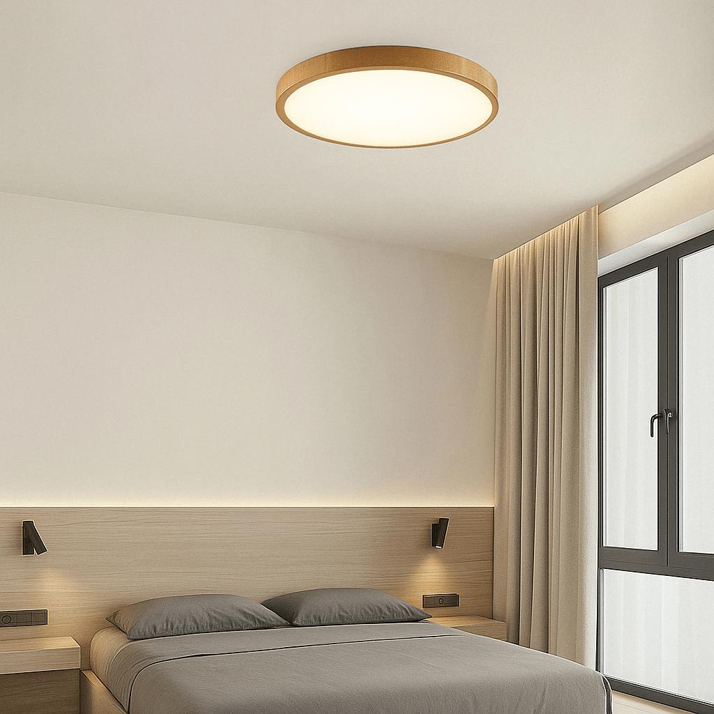 Deckenleuchte mit hellem Holzrand in einem Schlafzimmer mit Holzkopfteil, grauer Bettwäsche, Wandleseleuchten und bodentiefem Fenster. 13