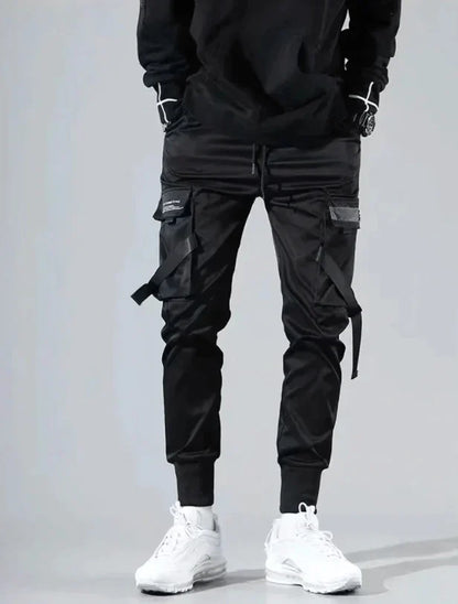 Herren Cargo Hose | Multi-Pocket | Hip-Hop | Schwarz | Kordelzug-Luzern Mode