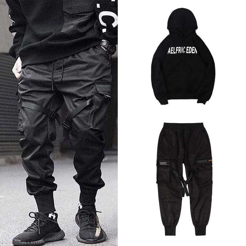 Herren Cargo Hose | Multi-Pocket | Hip-Hop | Schwarz | Kordelzug-Luzern Mode