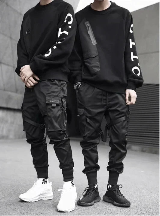 Herren Cargo Hose | Multi-Pocket | Hip-Hop | Schwarz | Kordelzug-Luzern Mode