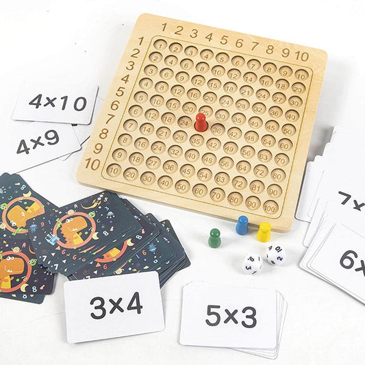 Lernspiel Holzbrett zur Multiplikation 1–10 mit Karten & Würfeln