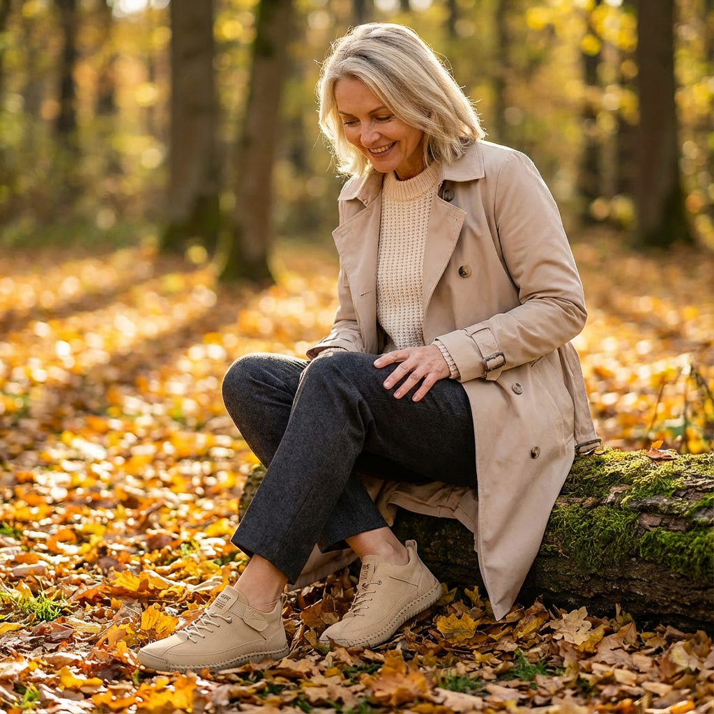 Lächelnde Frau in beigem Trenchcoat sitzt auf einem bemoosten Baumstamm im Herbstlaub und trägt beige Sneaker. 15