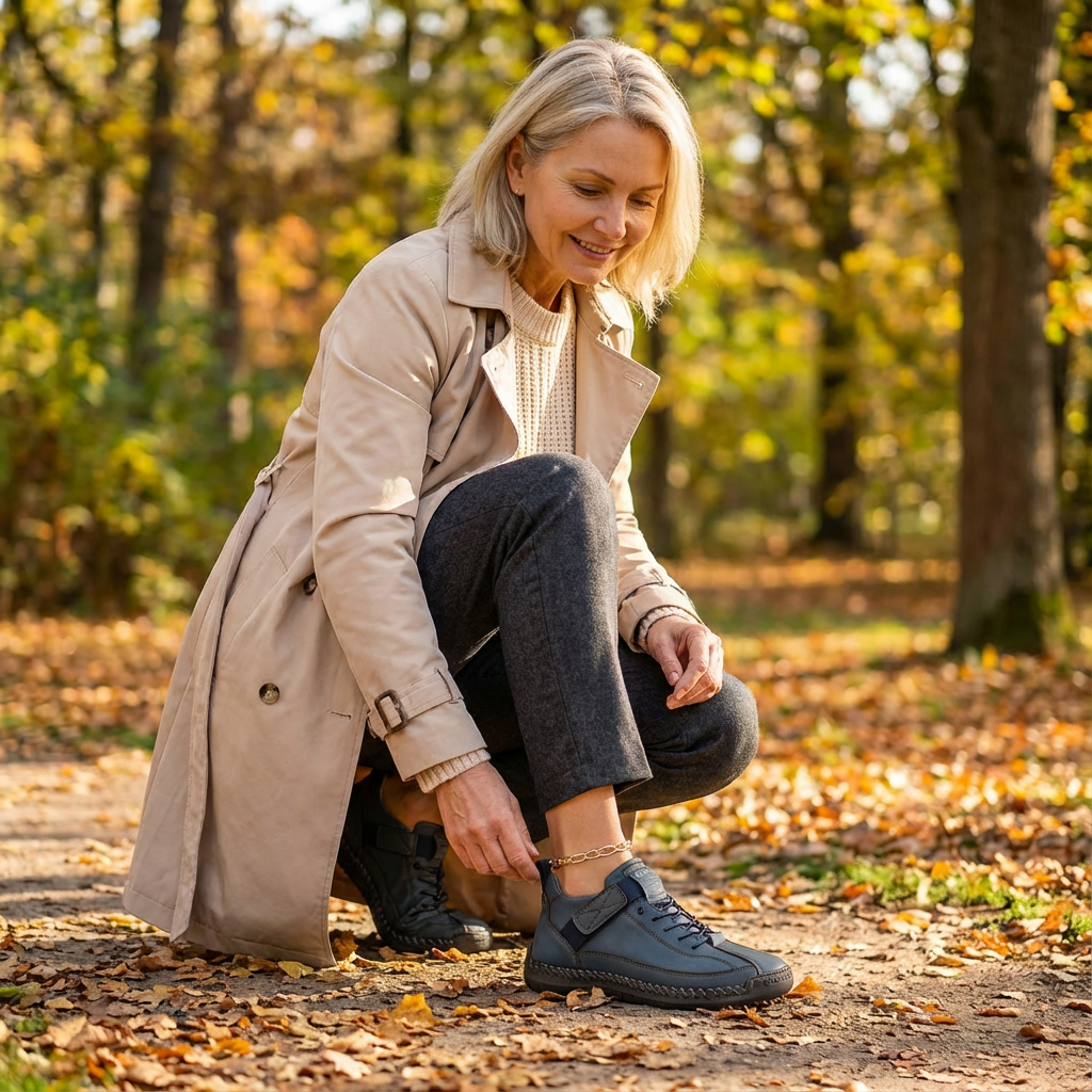 Frau im Trenchcoat hockt auf einem Waldweg und richtet einen blauen Sneaker, Fußkettchen am Knöchel sichtbar. 20