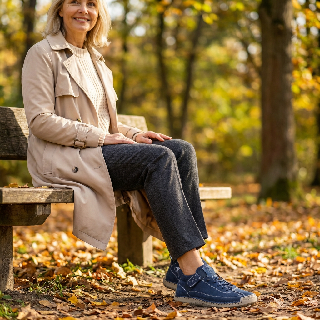 Lächelnde Frau in beigem Trenchcoat sitzt auf einer Parkbank im Herbstwald und trägt die Sneaker in Blau mit Klettverschluss. 21