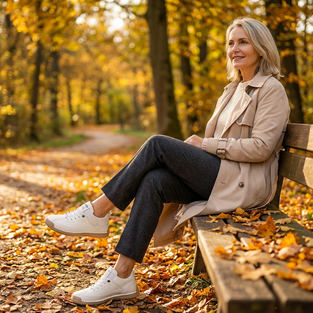 Frau im Trenchcoat sitzt mit übergeschlagenen Beinen auf einer Parkbank im Herbstwald und trägt weiße Sneaker. 16