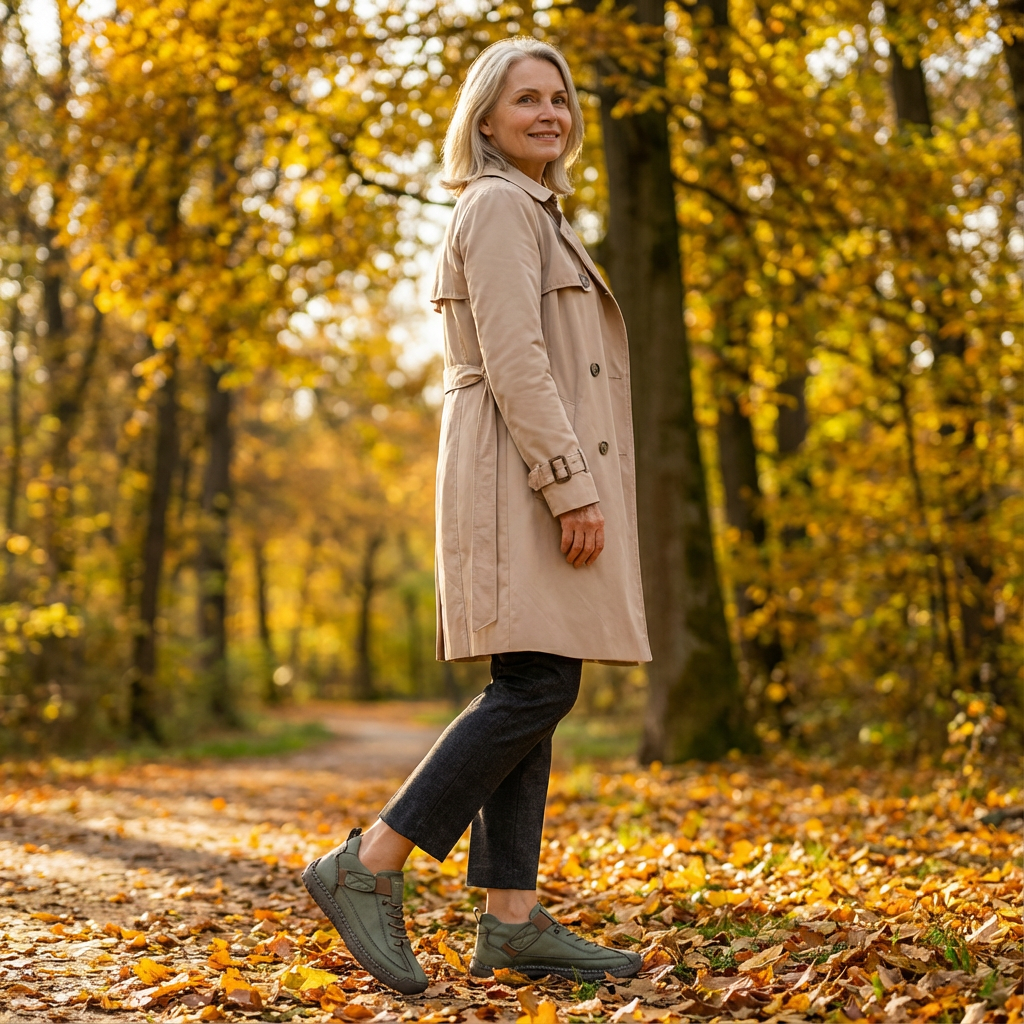 Frau im Trenchcoat geht auf einem Herbstweg und trägt grüne Sneaker, seitlich fotografiert zwischen gelben Bäumen. 19