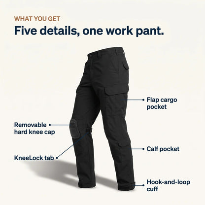 Schwarze Hose mit beschrifteten Details: Cargotasche, Wadentasche, abnehmbare harte Knieschale, Halteband am Knie und Klettbund am Saum. 5