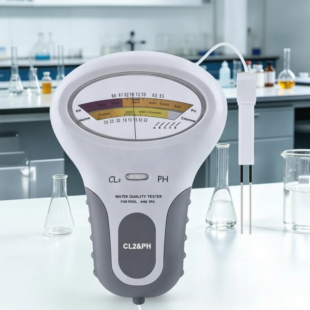 Das Messgerät mit Skala und Zweistift-Sonde auf einem weißen Labortisch zwischen Glaskolben und Bechergläsern. 5